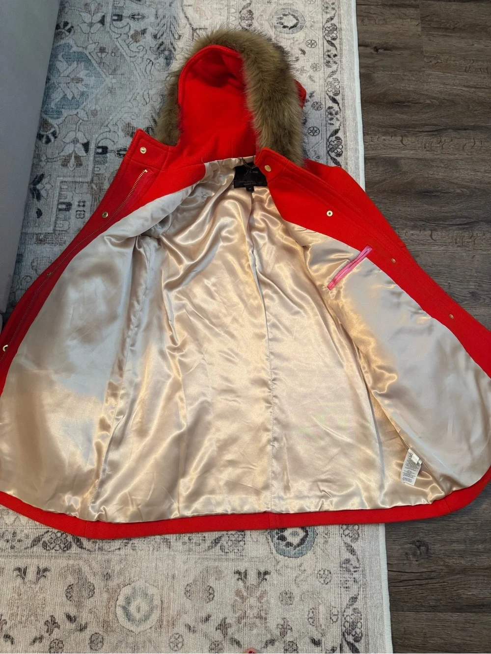 J. Crew Bright Red Hooded Wool Coat with Faux Fur Trim - Picture 2 of 2